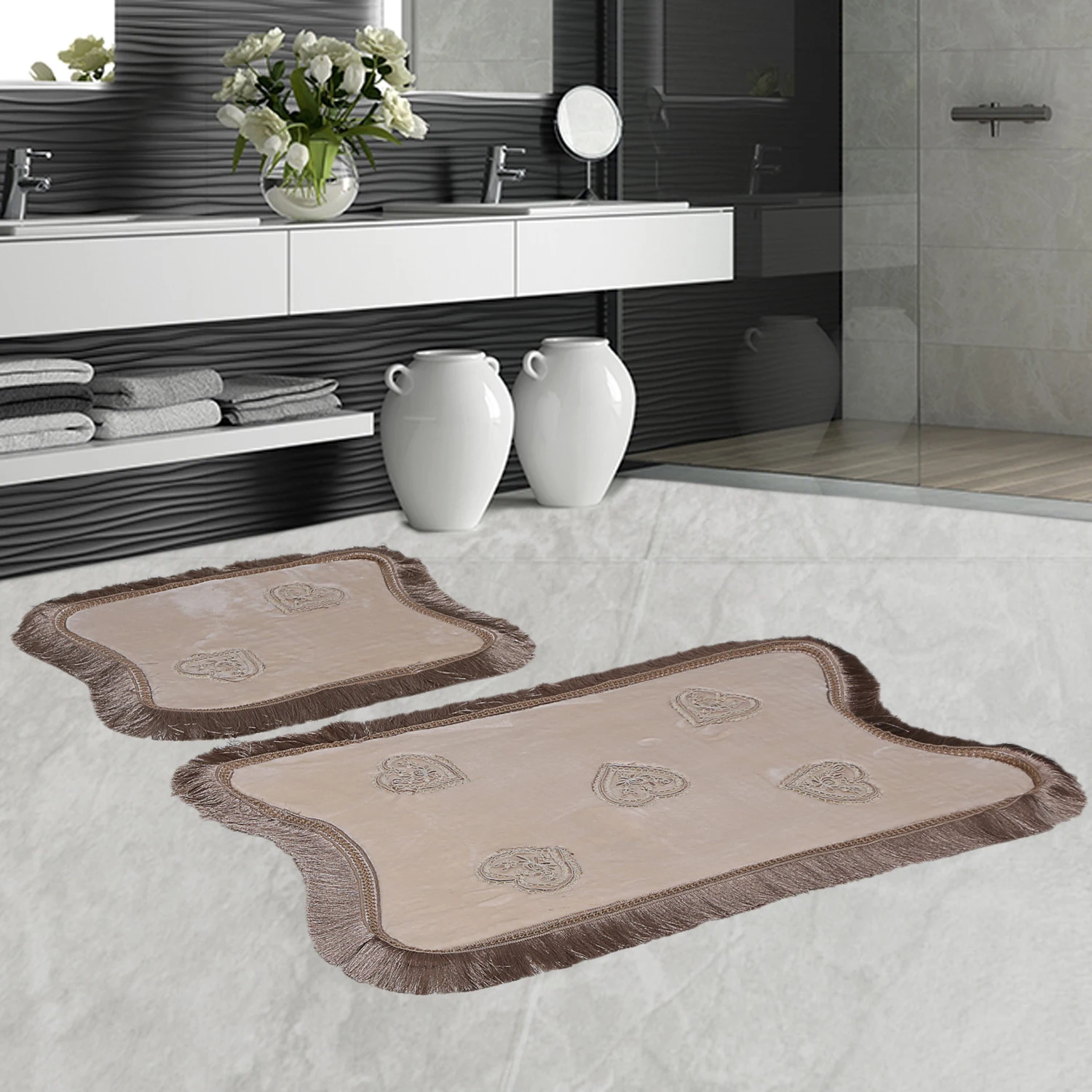 

Bonny Home Heart Laced Beige 2 Pieces Fringed Plush Bath Mat Non Slip Leather Based Machine Washable French Lacy Rug set