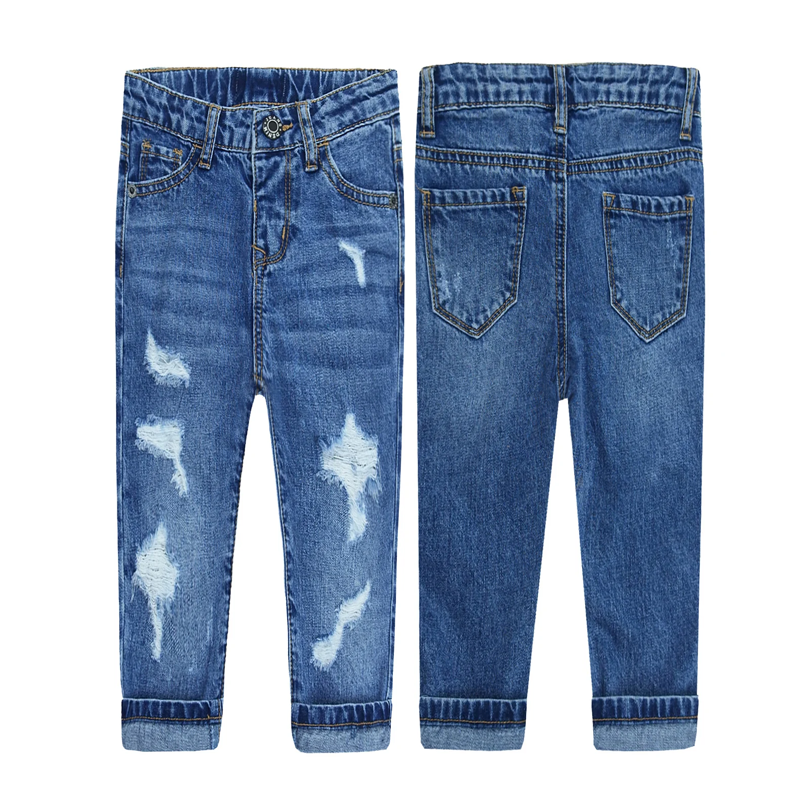 

KIDSCOOL SPACE Baby Little Girl Boy Jeans Teenager Elastic Band Inside Ripped Holes Denim Pants Trousers Bottoms Clothing