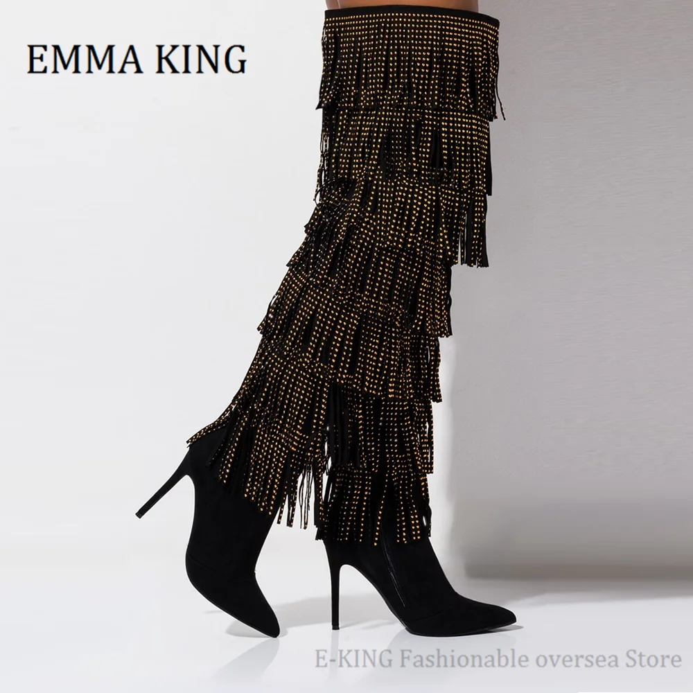 Женские сапоги выше колена с кисточками пикантные до бедра острым носком и