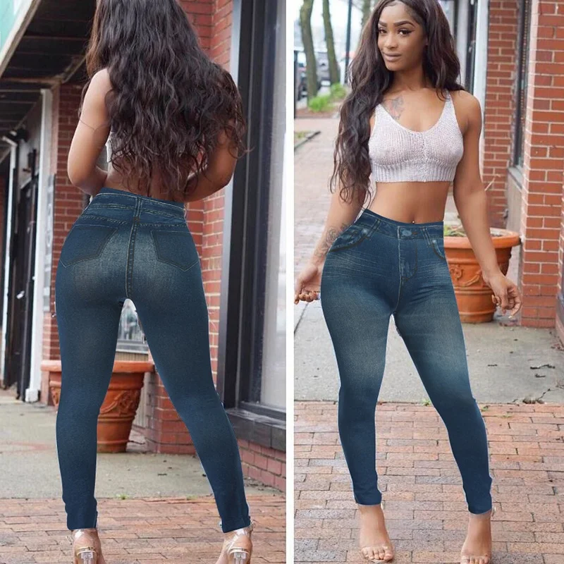 Women Super Strety Leggings Fashion Faux Denim Jeans Leggings Sexy Long Pocket Printing Leggins Summer Casual Pencil Pants amazon leggings