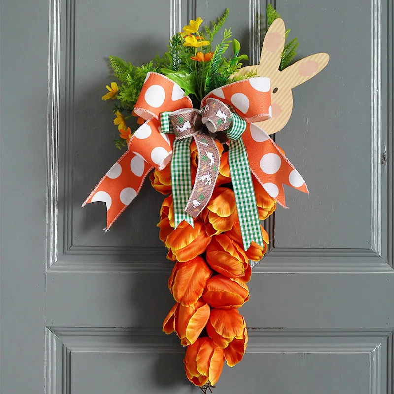 

Easter Wreath Artificial Tulip Carrot Wreath Garland With Rattan Hangings Garland Decor For Front Door Wall Carrot Easter Decor