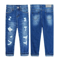 kidscool space baby little girl boy jeans teenager elastic band inside ripped holes denim pants trousers bottoms clothing