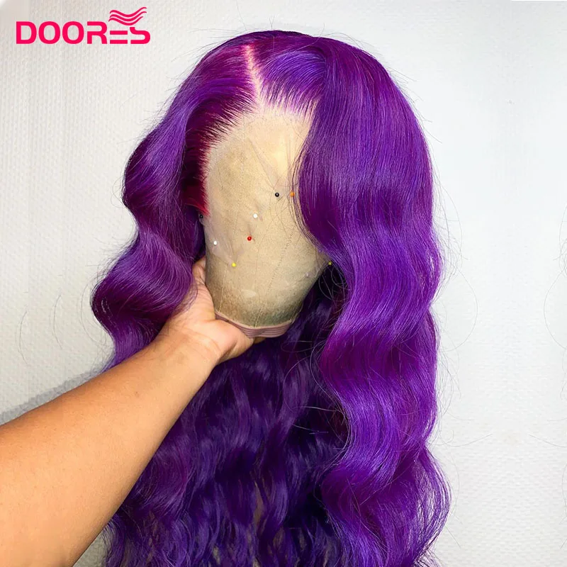 Парик из человеческих волос фиолетового цвета с волнами на лбу и прозрачной сеткой для женщин темнокожего цвета для косплея, 30 дюймов.