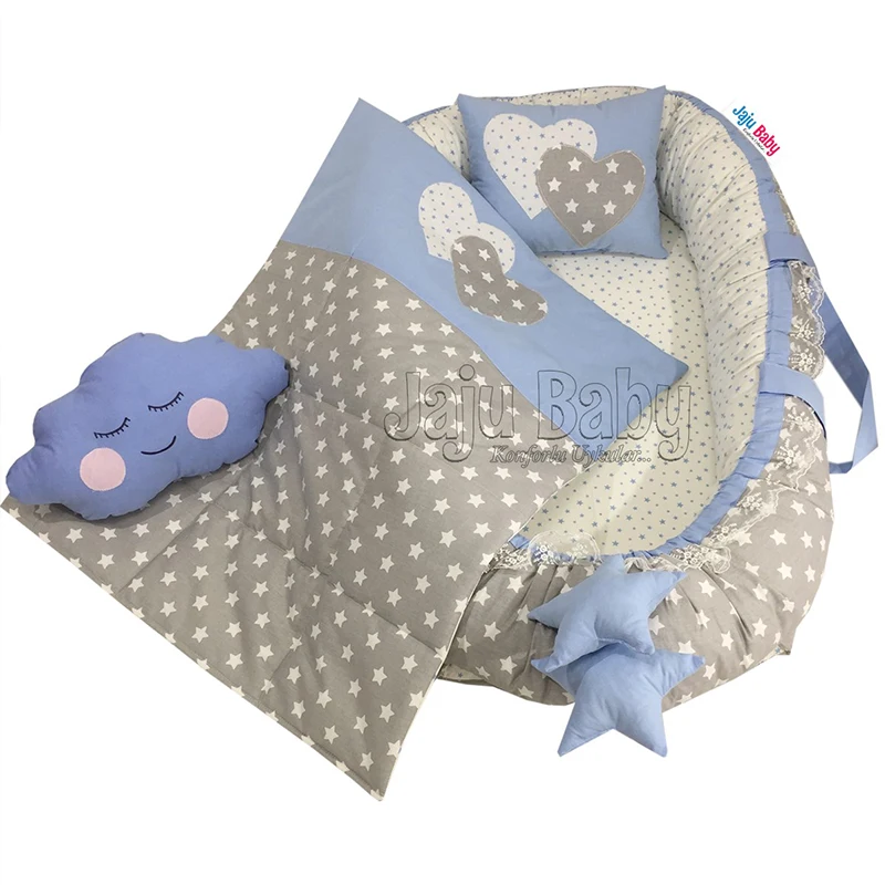 Jaju Baby Handmade, Blue and Gray Star Design Lux Orthopedic Babynest bed 4 pcs Set Mother Side Portable Baby Bedding Set