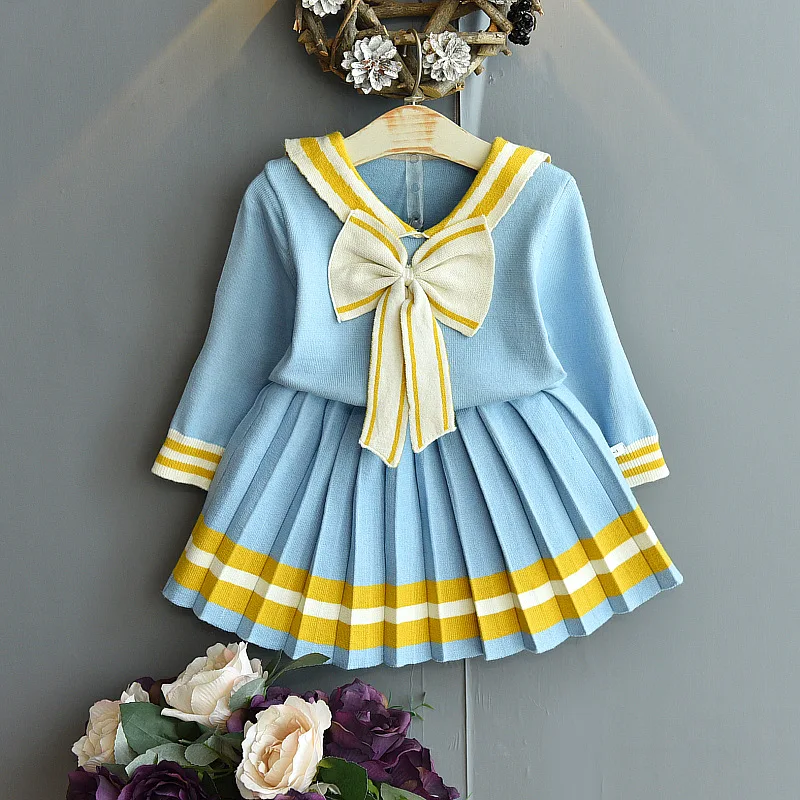 

2022 Baby Girls Autumn Winter Clothes Skirt Long Sleeve Sweater Pleated Skirts 2 Pcs Clothing Bow Baby for Girls Kids Clothes