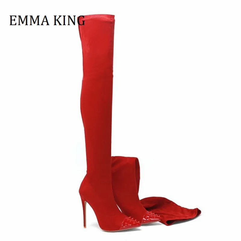 

2021 Spring Autumn Women Suede Rivets Thigh High Boots Micro Suede Pointed Toe Stiletto Heel Over The Knee Boots Botas De Mujer