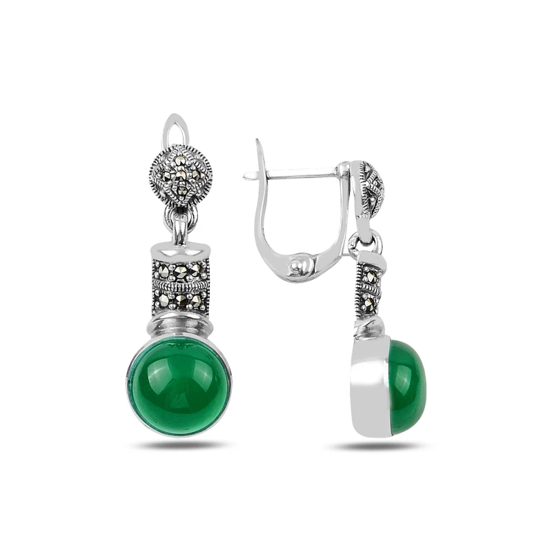 

Silver 925 Sterling Marcasite & Green Agate Stone Dangle Earrings
