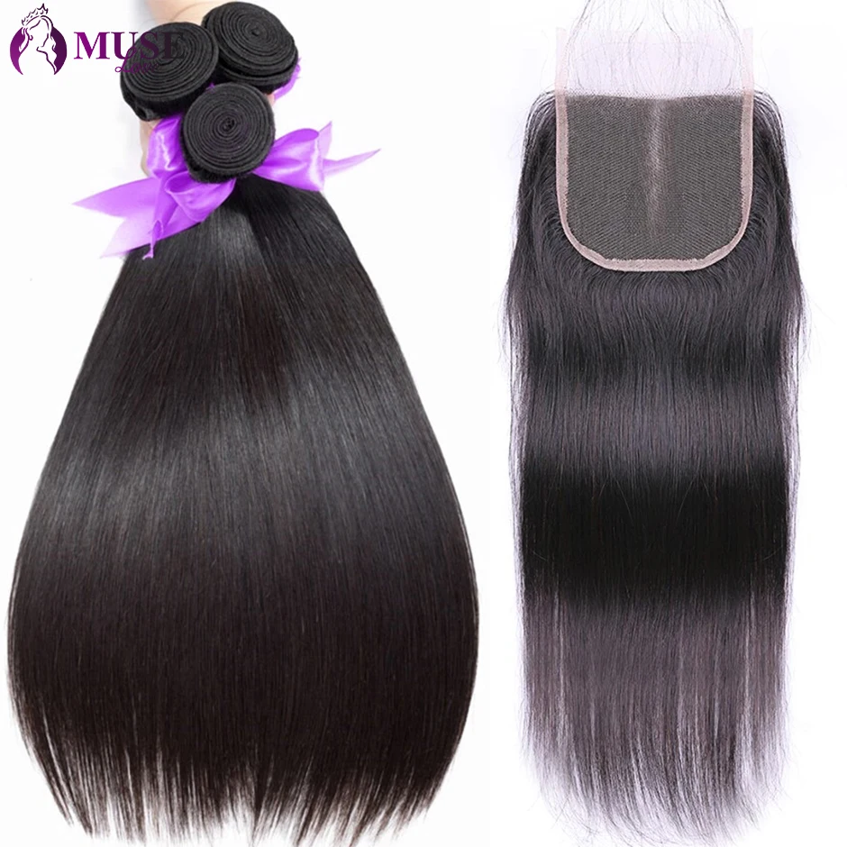 Bone Straight Bundles With Closure Brazilian Hair Weave 3 Bundles With 4x4 Lace Closure Remy Human Hair Bundles With Closure