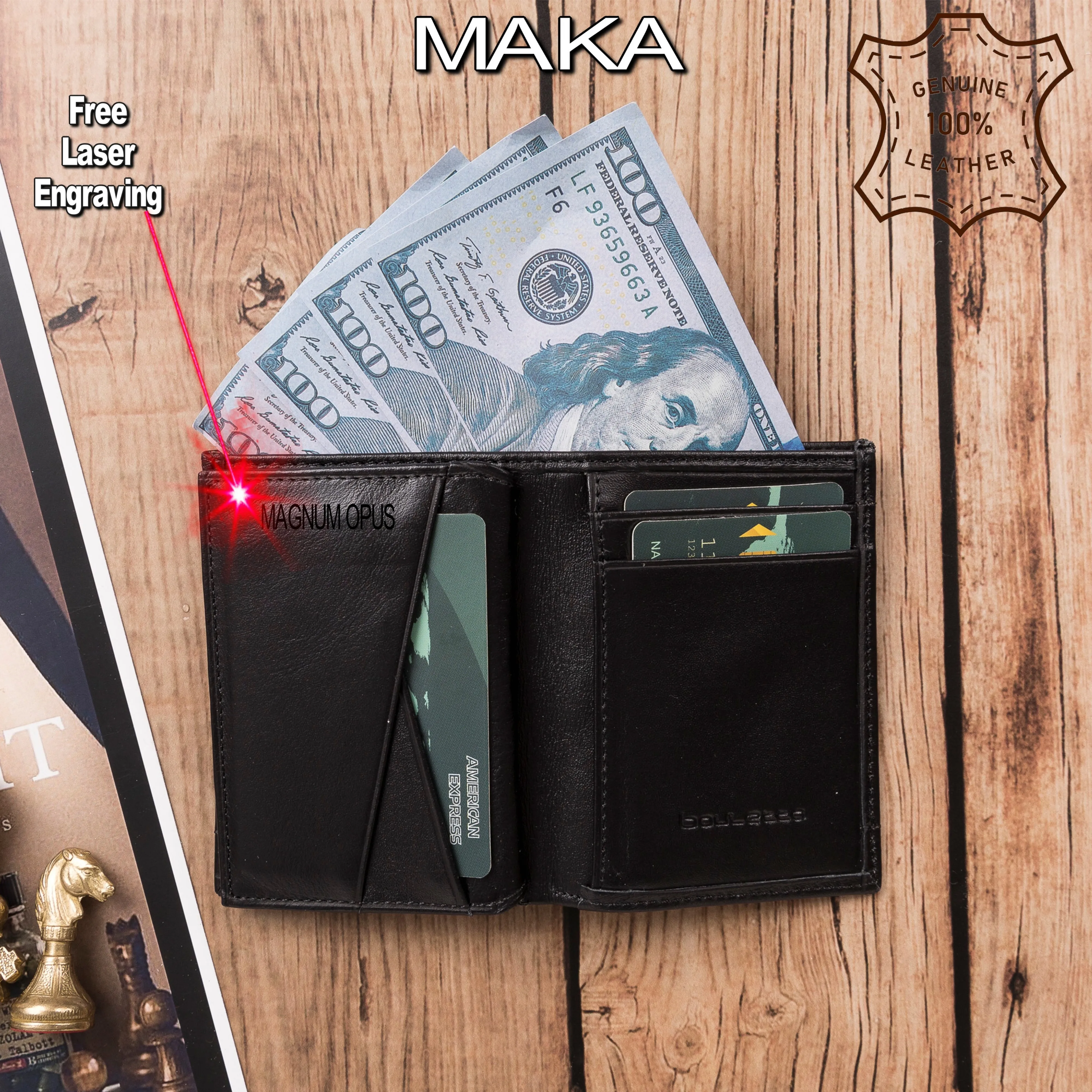 Handmade Genuine Leather Elegant Trendy Stylish Card Holder Wallet Book Type Closure that Holds up to 6 Cards and Paper Money