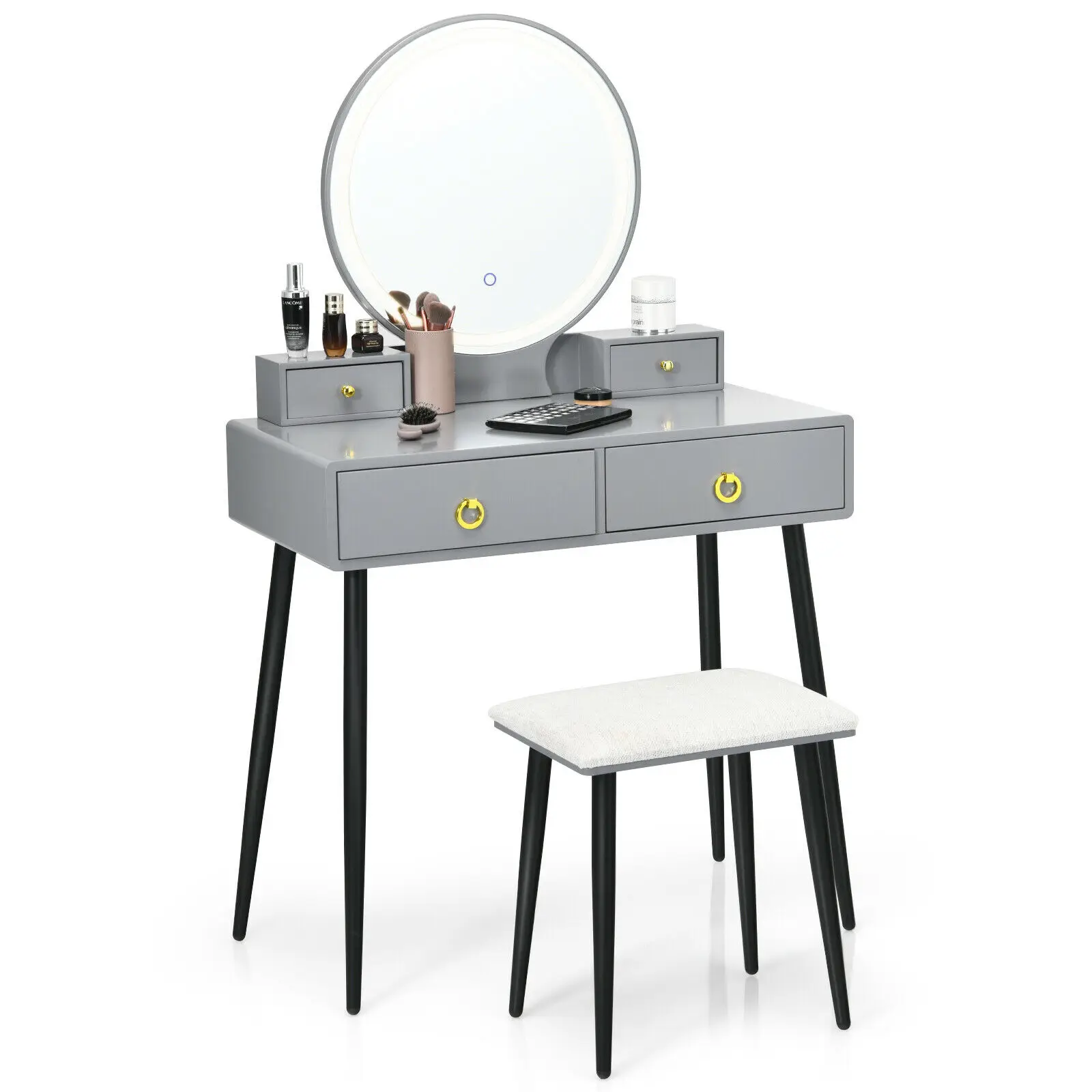 

Vanity Makeup Dressing Table Stool Set 3-Color ighted Mirror W/Drawers HU10049US