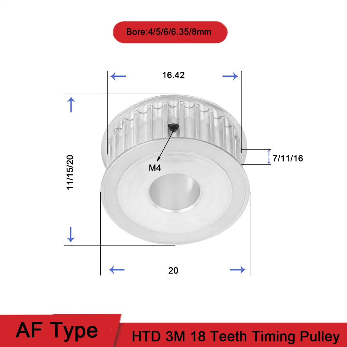 

HTD 3M 18T Timing Pulley Bore 4/5/6/6.35/8mm Gear Pulley 3mm Pitch Teeth Width 7/11/16mm Aluminum Synchronous Timing Belt Pulley