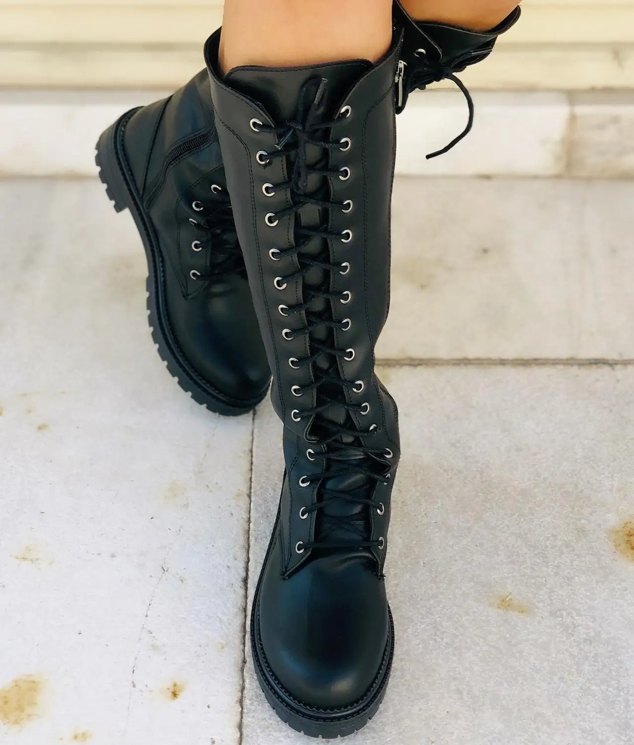 

Women's Black Lace-Up Side Zipper Long Postal Boots