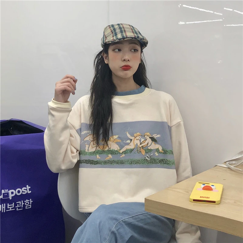 Ангелы мультфильм печати Harajuku Осень и зима толстый женский укороченный свитер корейский стиль свободный негабаритный пуловер