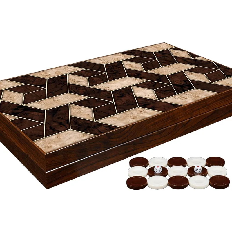 Geometric Walnut Backgammon Set Trendy Luxury Board Game With Chips Dices Adult Gift Checkers