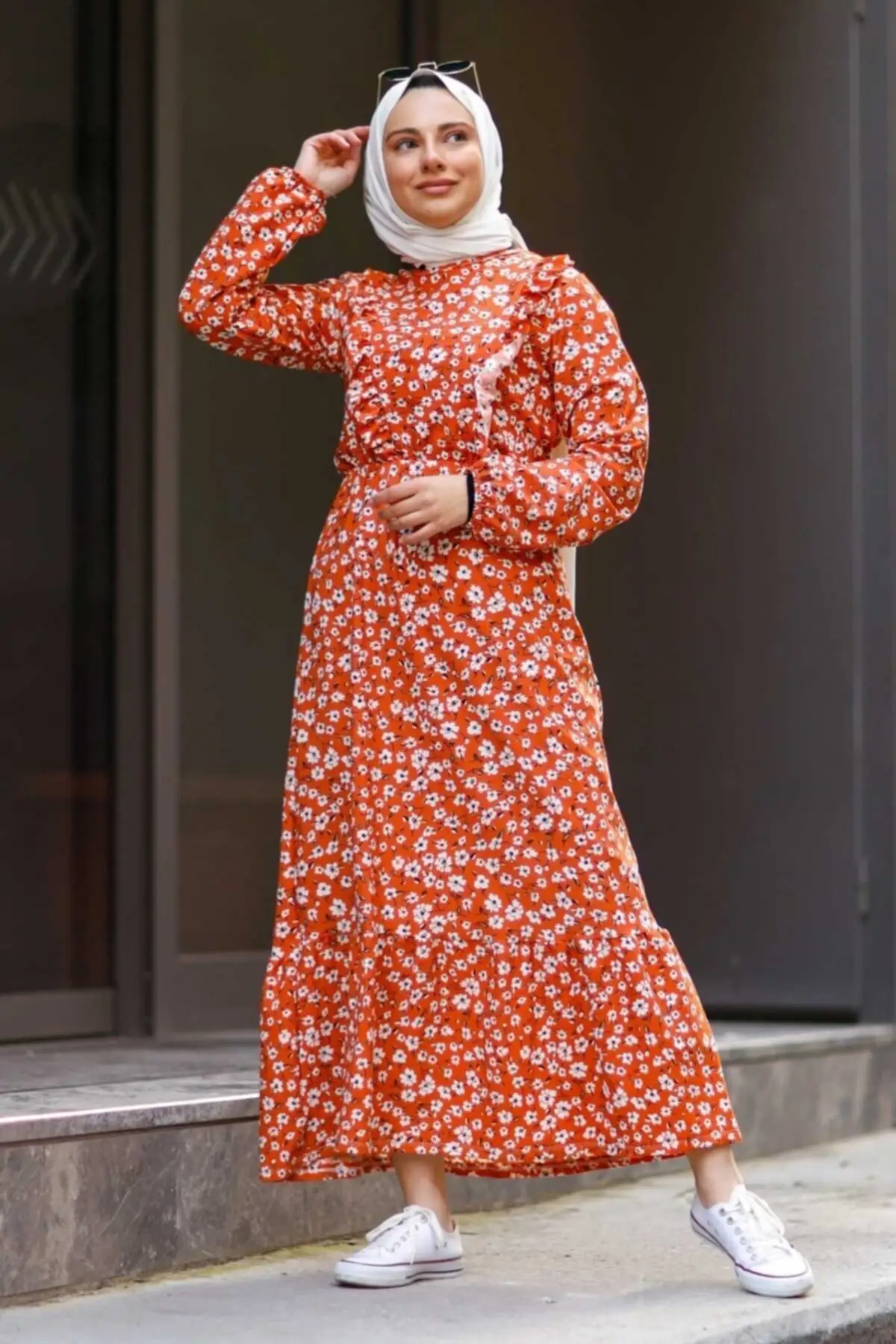 

Frill Detailed Crispy Flower Pattern Dress Muslim Robe Apparel Clothing Festa Vestido Islamic hijab Muslim Scraft Top Arabic