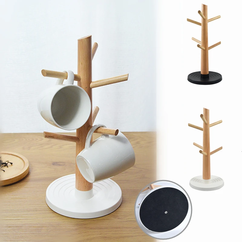 

6 Hooks Mug Holder Beech Wood Coffee Cups Stand Kitchen Tea Cup Storage Rack Jewelry Hanging Display Shelf