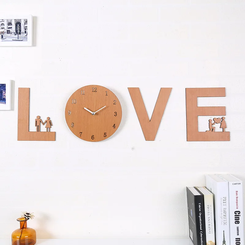 

DIY Alphabet LOVE Large Wood Wall Clock Nordic Simple Wooden Wall Clock Modern Design Hanging Clock Decorative For Living Room