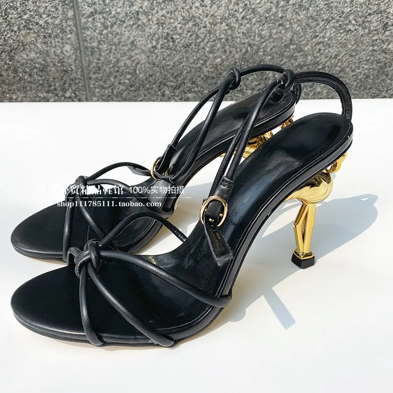 Ladies Spring Flamingo Heel Unique Heel Sandals Fashion Sexy High Heels Plus Size  Shoes Gold Black Mix Color Buckle  Sandals 43