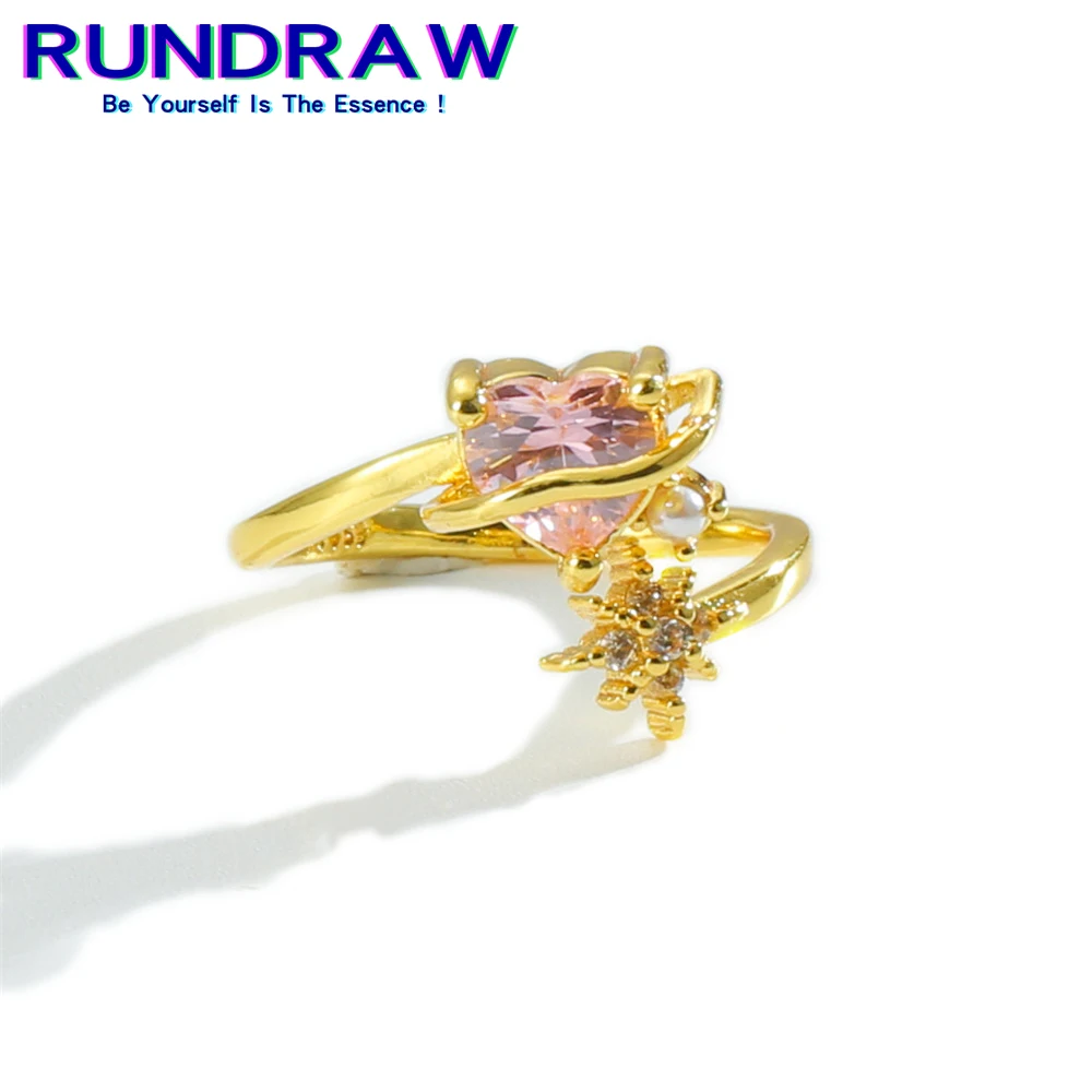

Rundraw Women Korean Style Cute Love Shape Pink Zircon Ring Female Elegant Light Luxury Sweet Girl Opening Index Finger Ring