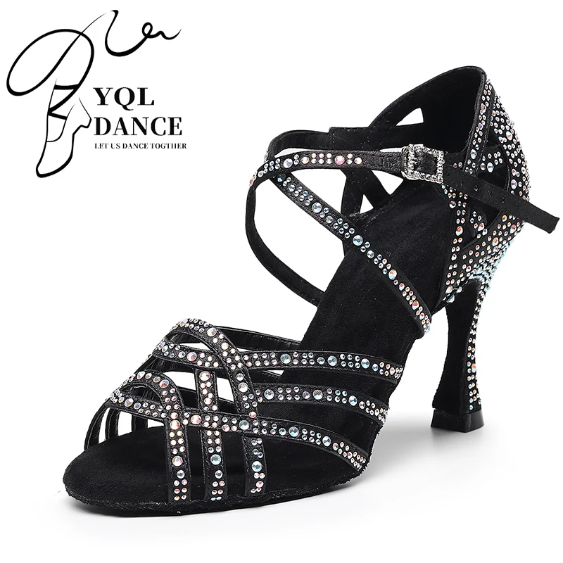 Woman Black Brown Strappy Latin Dance Shoes Girls Suede Leather Bachta Salsa Dancing Shoes for Girls Crystal Performace Shoes