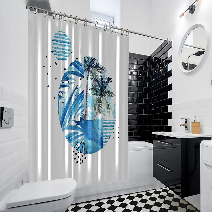 Занавеска для душа тропические пальмы листья море и геометрические формы