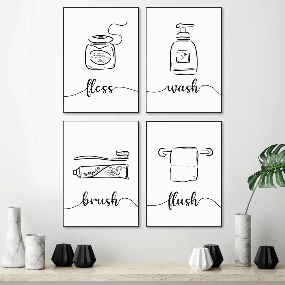 

Wash Brush Floss Flush Prints Black & White Wall Art Canavs Painting Bathroom Sign Pictures Nordic Toilet Wall Decor Poster