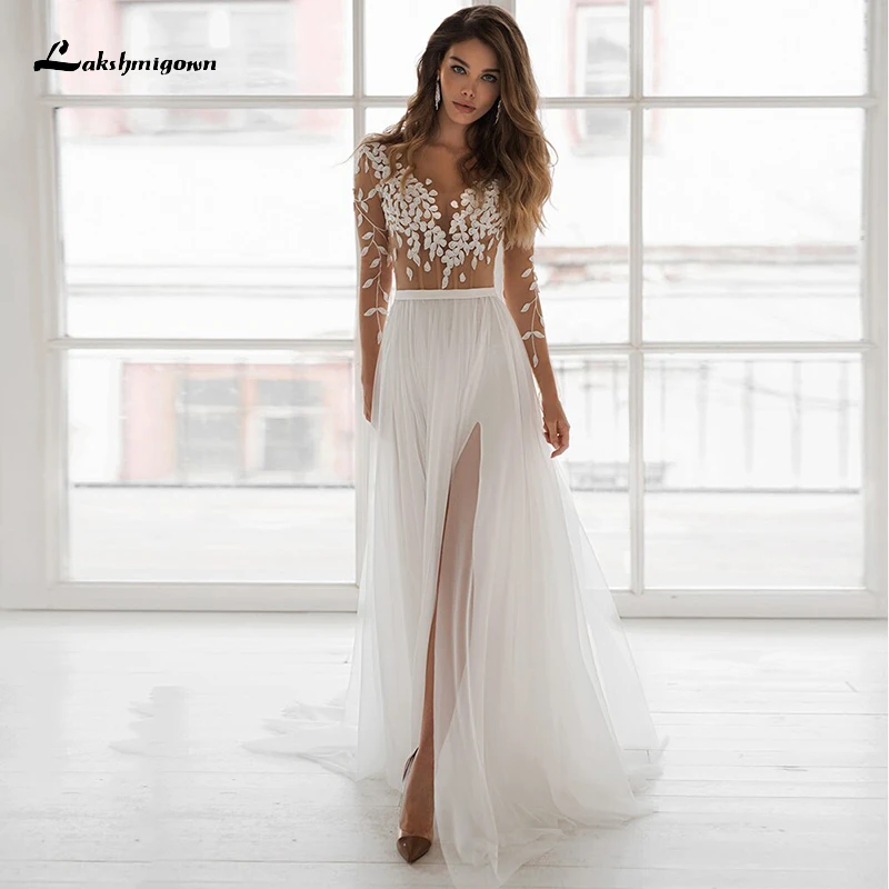 

Sexy V-neck Side Slit Appliques Full Sleeve Brush Train Button Floor-Length Chiffon A-Line Wedding Dresses 2022 vestido noiva