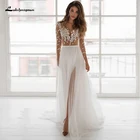 Шифоновое платье-трапеция с V-образным вырезом, длинным рукавом и пуговицами со шлейфом