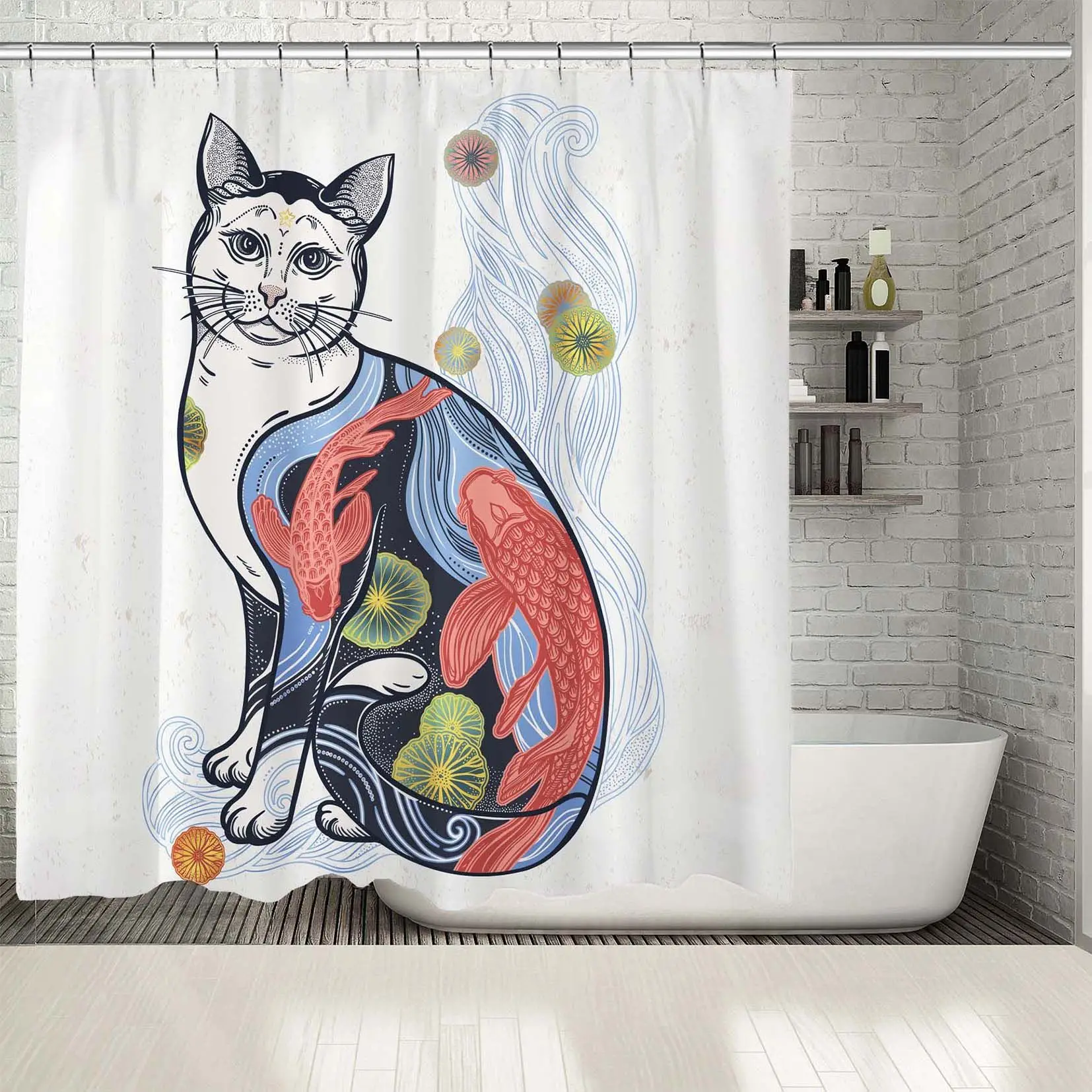 Занавеска для душа Happy Japanese Cat Festivale традиционное искусство с цветами и символом