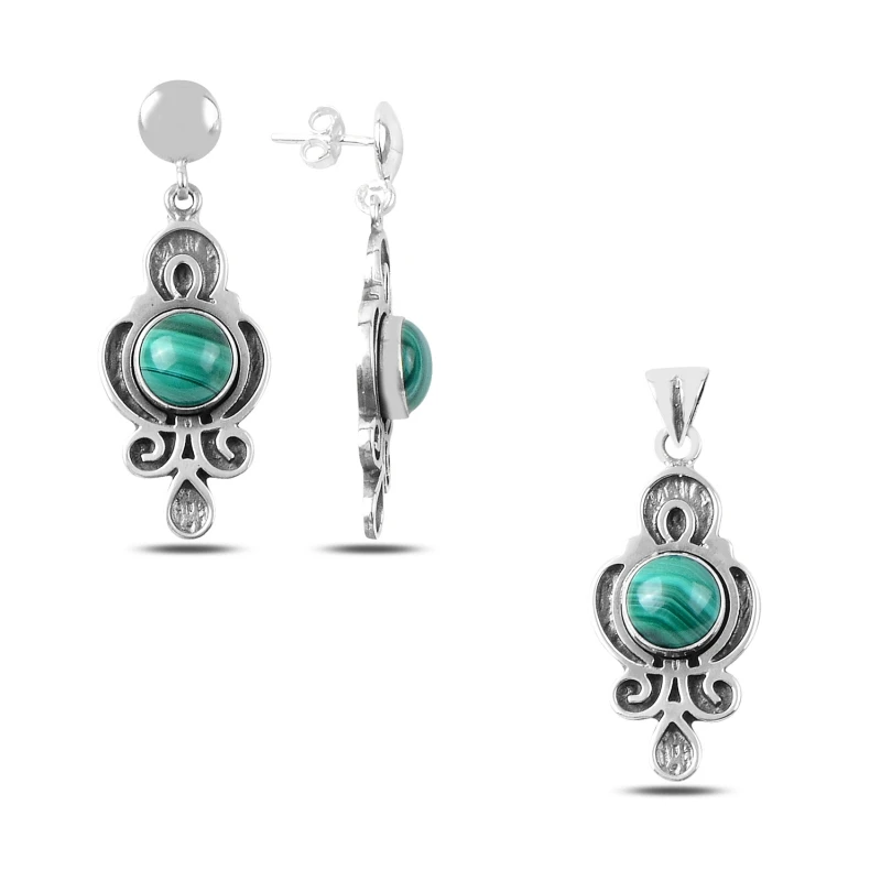 

Silver 925 Sterling Malachite Stone Handwork Set