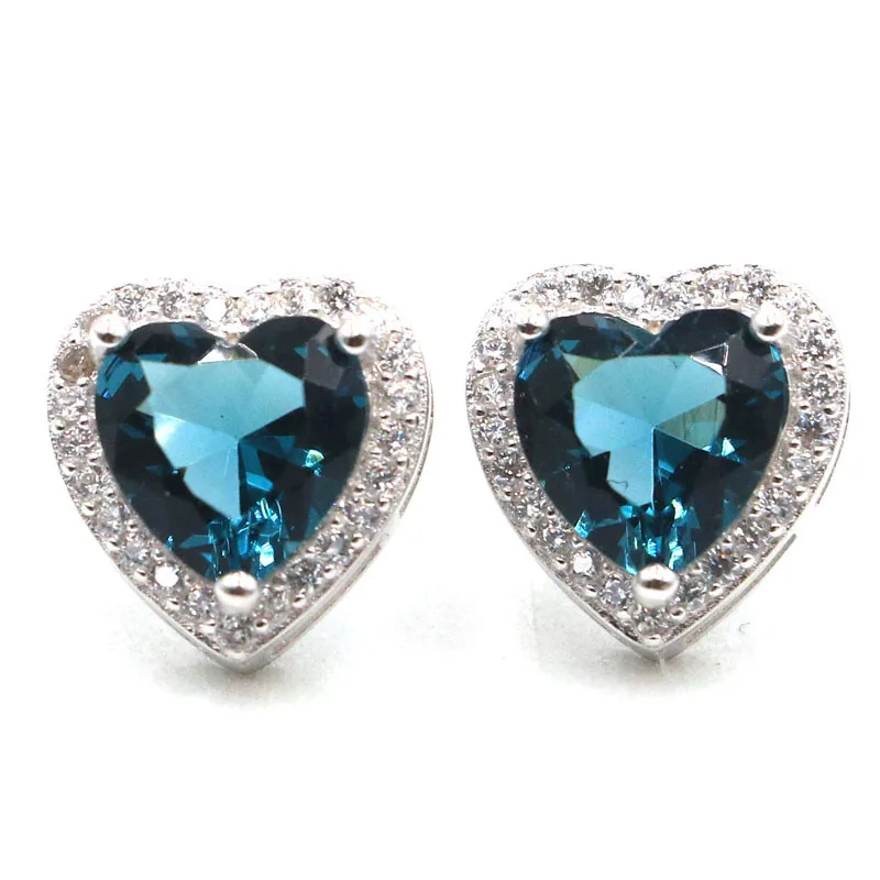 London Blue Topaz 11x11 мм, романтические 2,67 г, в форме сердца, Лондонский голубой топаз, танзанит, подарок для девочек, 925 Твердые серьги-гвоздики из стерлингового серебра - Цвет камня: London Blue Topaz