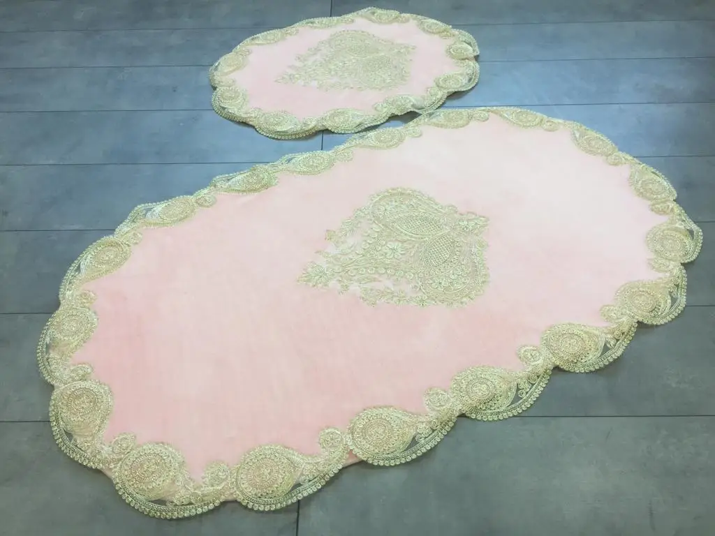 

Bonny Home Shall Gold Pink 2 Pieces Laced Plush Bath Mat Non Slip Leather Based Machine Washable French Lacy Rug set