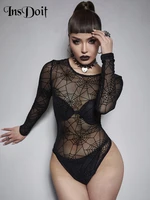 insdoit gothic emo mesh black bodysuits women spider web long sleeve grunge punk bodycon see through aesthetic sexy club rompers