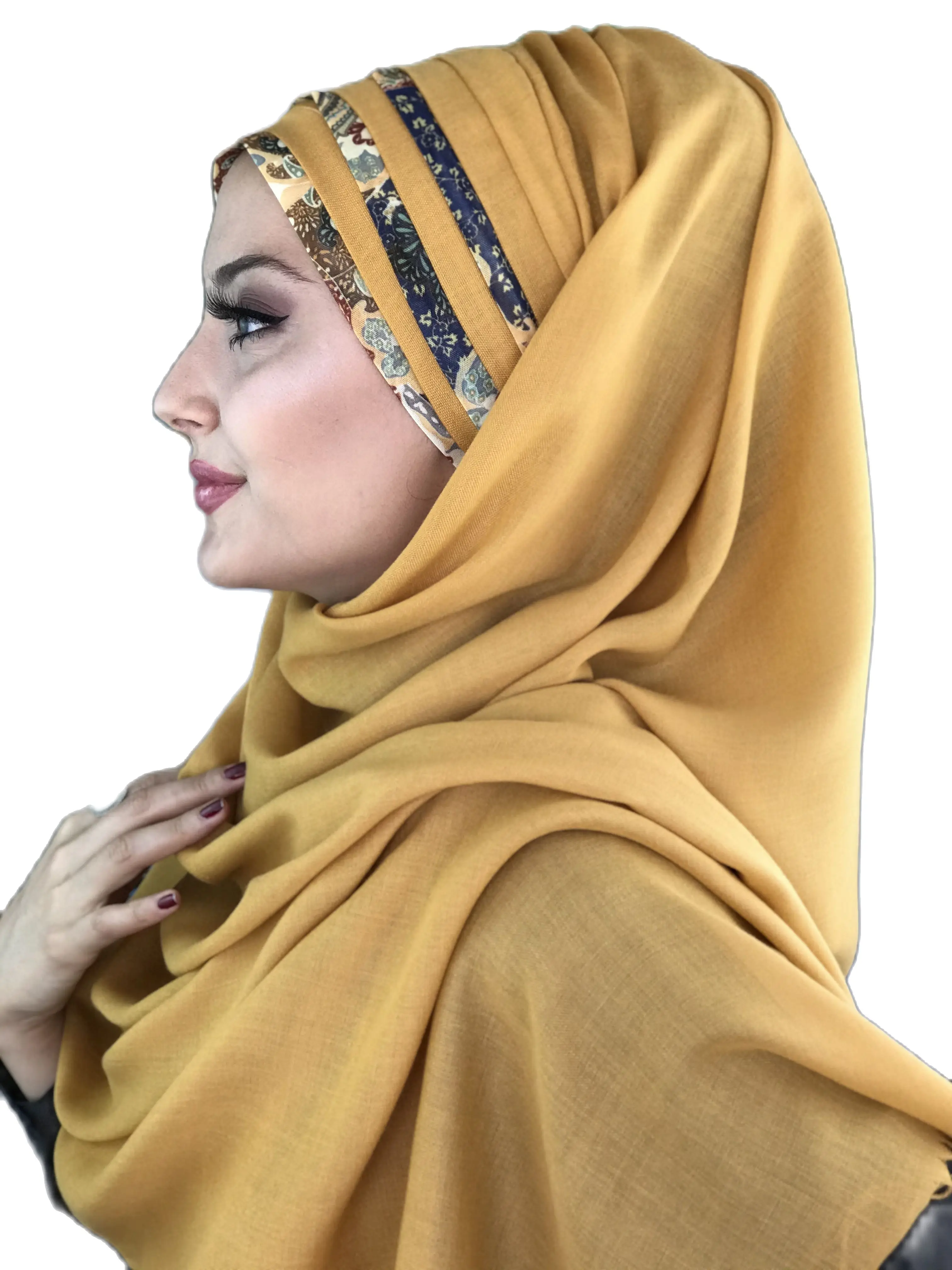 Yeni Moda Tesettür Kadın 2021 Müslüman İslam Elbise Şapka Fular Türban Şifon Dökümlü Hazır Hardal Sarı Şal