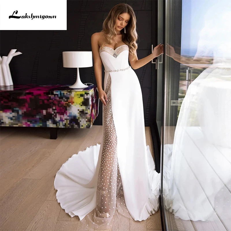 

Sexy High Split Sweetheart Wedding Dresses 2022 For Women Backless Lace Sweep Sleeveless Satin Mermaid Bridal Gowns платье