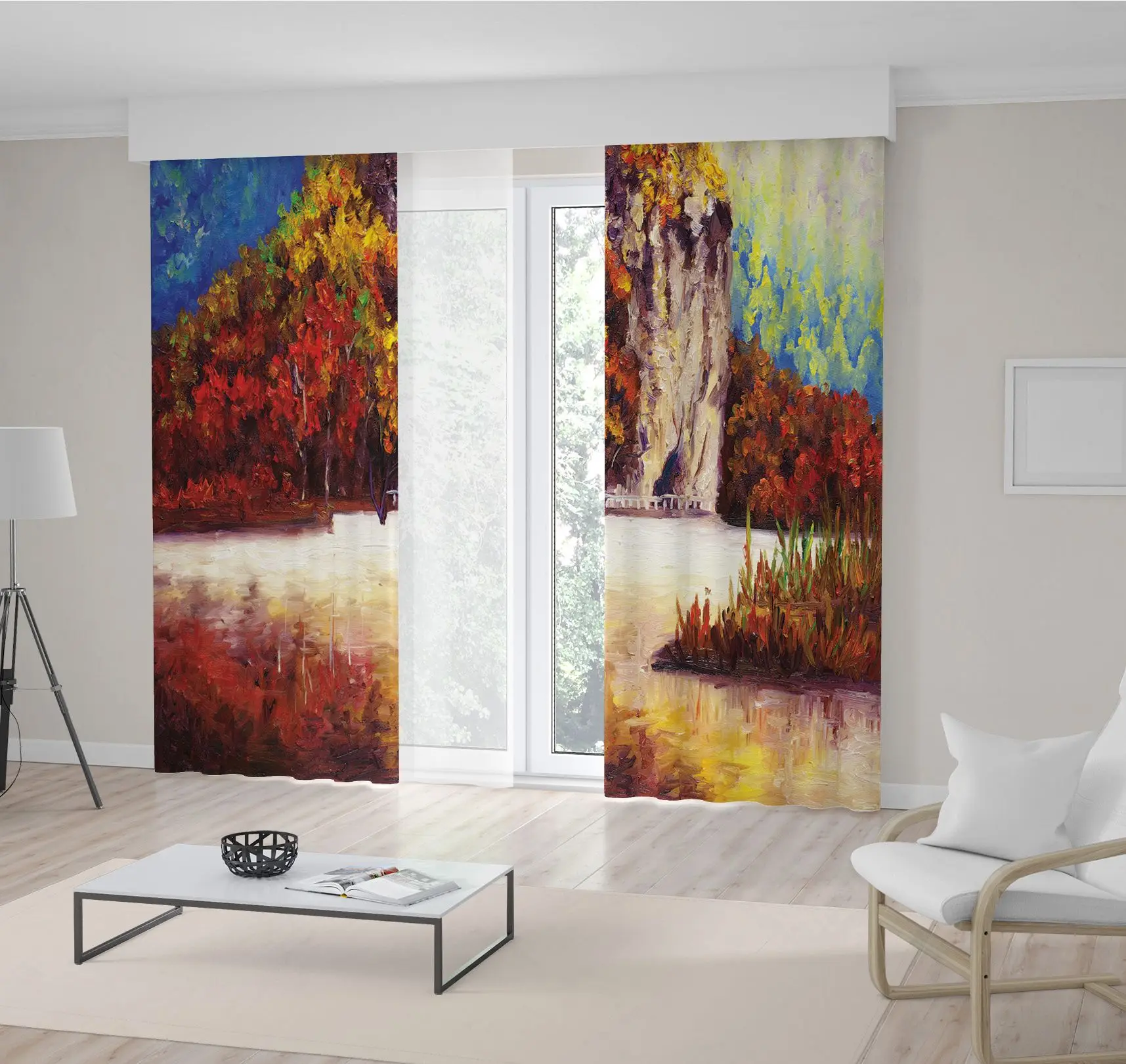 

Curtain Oil Painting Park in Autumn Trees Nature Artistic Decorating Abstract Artwork in Orange Yellow Blue Beige