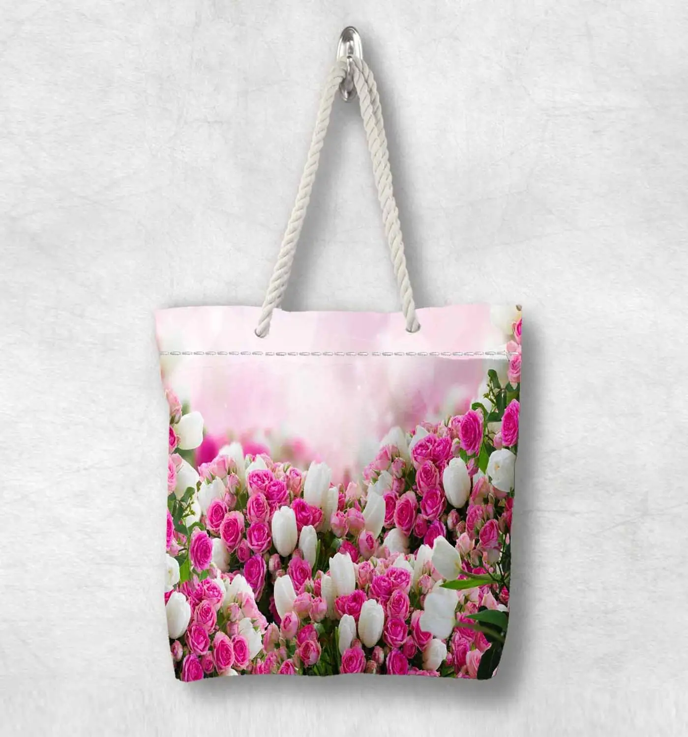 

Else Pink White Tulips Roses Flower Floral New Fashion White Rope Handle Canvas Bag Cotton Canvas Zippered Tote Bag Shoulder Bag