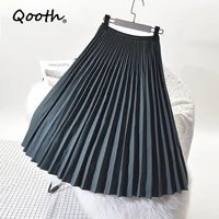 qooth spring elegant high waisted pleated skirt white casual midi long skirts fashion black vintage women skirt female qh1682