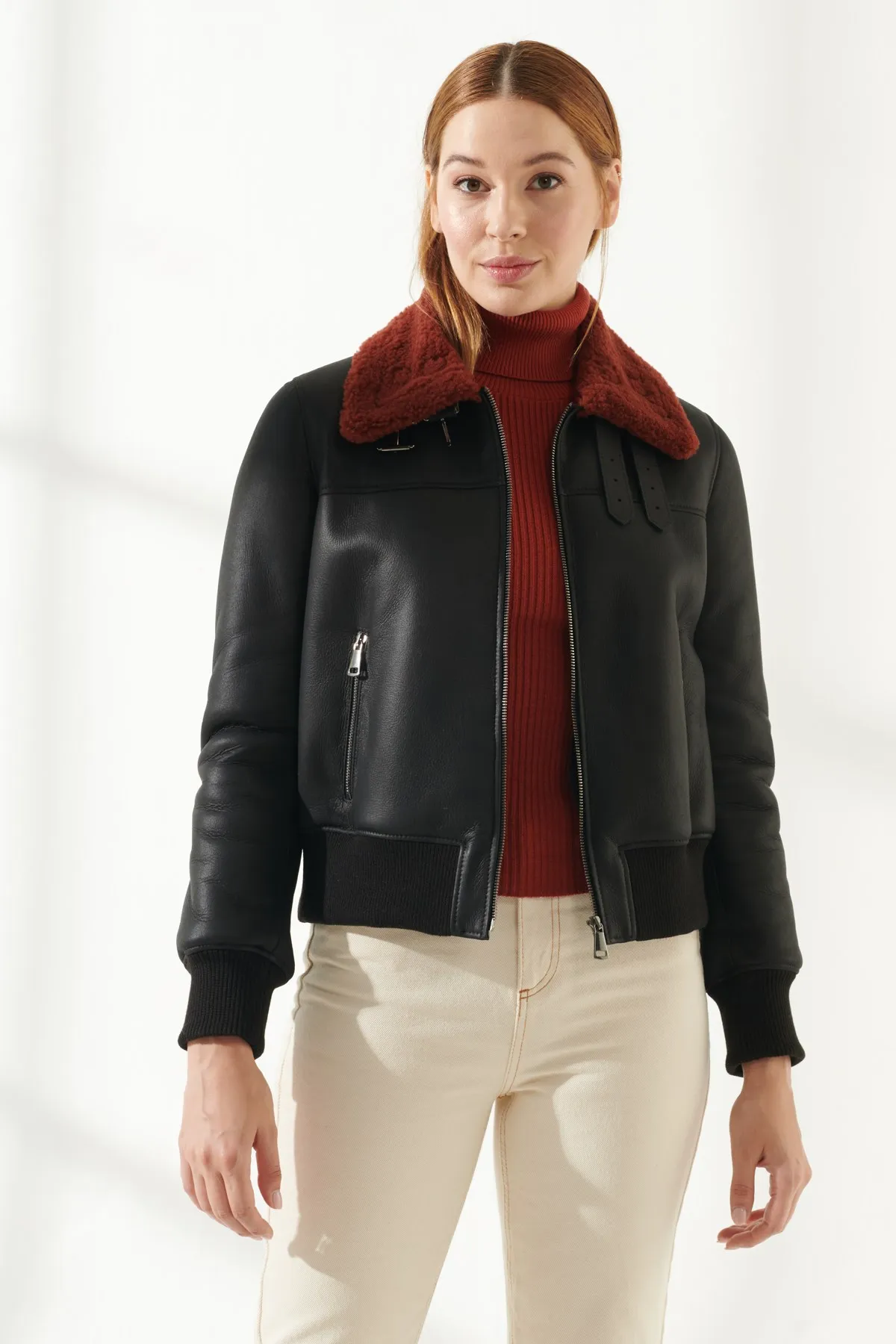Women's Sports Black Leather Jacket with Fur black Winter Genuine Sheepskin Wool Coats Biker Jacket Models Slim Fit Parka