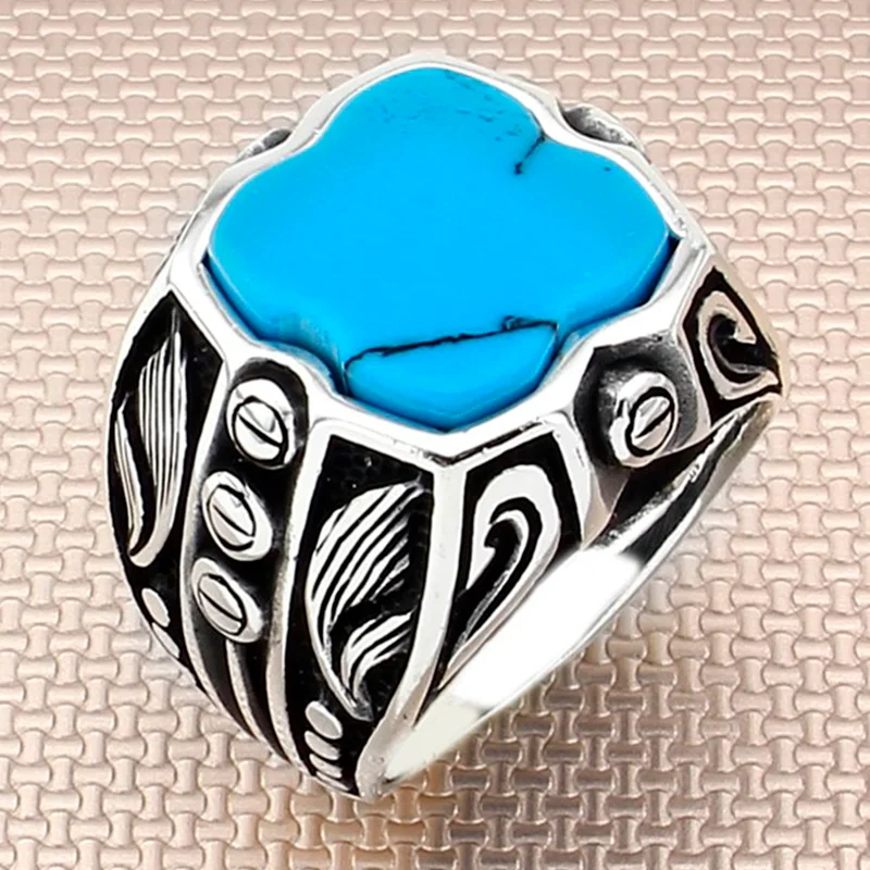 Men's Ring Real Pure Sterling Silver 925 With Blue Stone Turquoise Gemstone Gift For Him Handmade Turkish Jewelry