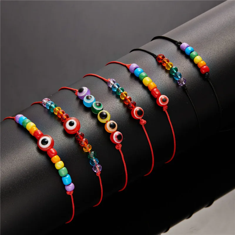 

2 Pcs Set Paper Card Rainbow Crystal Beads Lovers Bracelets For Couple Friends Evil Eye Beaded Bracelets Friendship Jewelry Gift