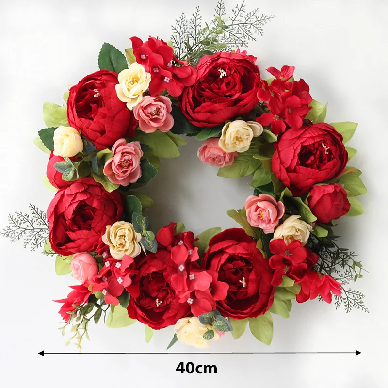 

Artificial Peony Wreath Peonies Silk Flower with Leaves Garland Spring Wall Hanging for Wedding Indoor Outdoor Home Decoration
