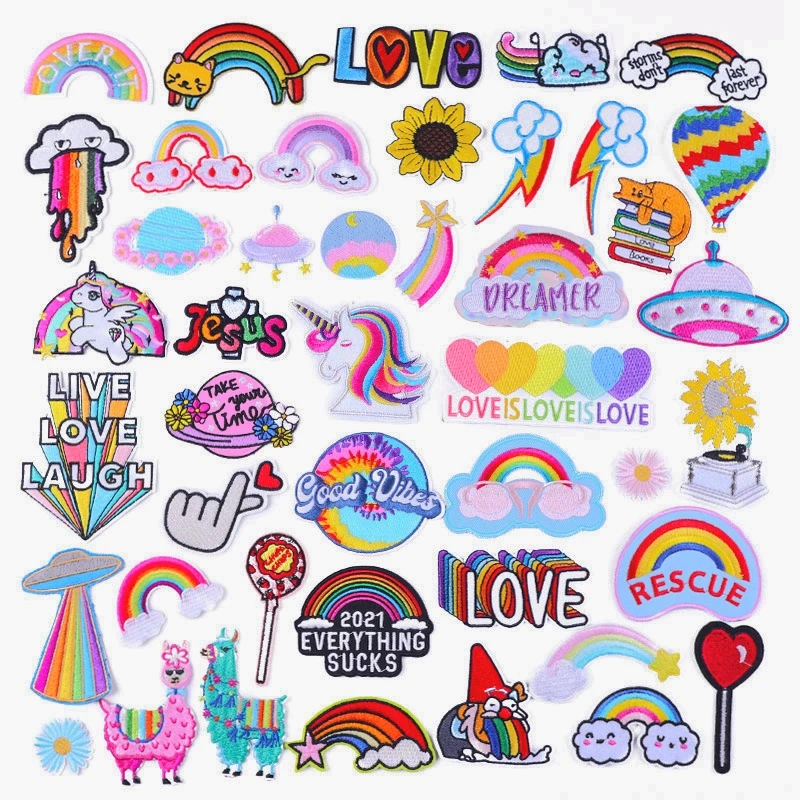 Недорогие радужные вышитые нашивки в виде единорога на детскую одежду