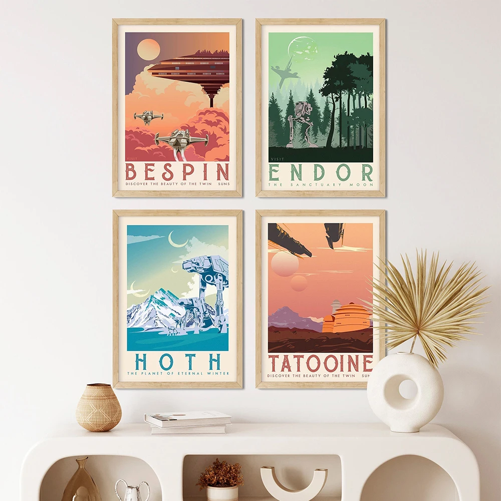 

Художественная винтажная живопись Hoth Tatooine Endor, постеры для путешествий по фильму в стиле ретро, ландшафтные постеры, Настенная картина, укра...