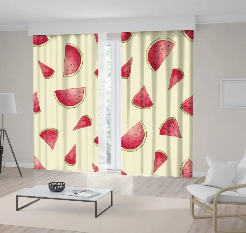 

Curtain Watercolor Painting with Cartoon Watermelon Slices Pattern Childish Artwork Printed Red Beige