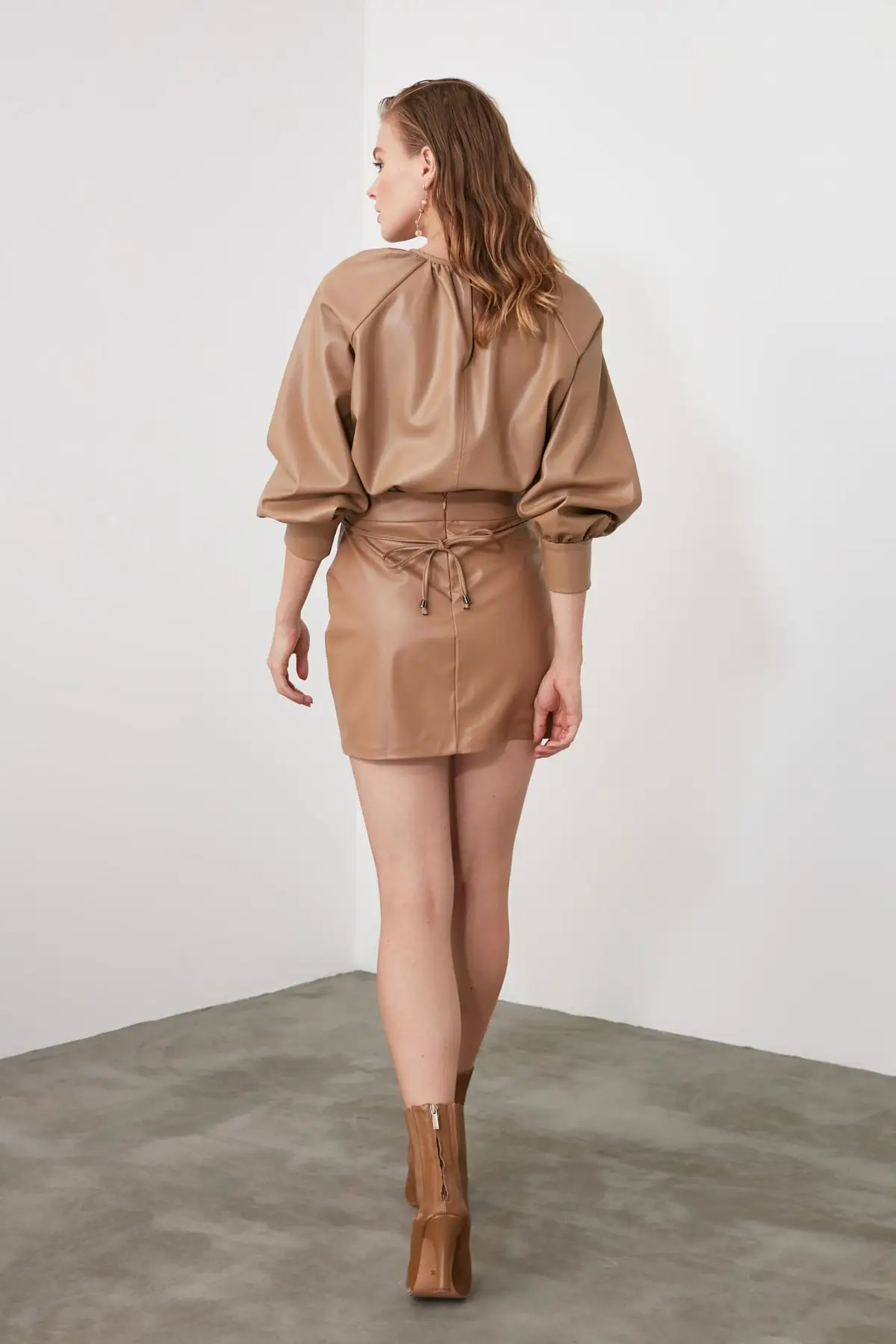 

Women's Model Fashion Brown Black Leather Waist Detailed Mini Skirt skirt faldas kawaii harajuku