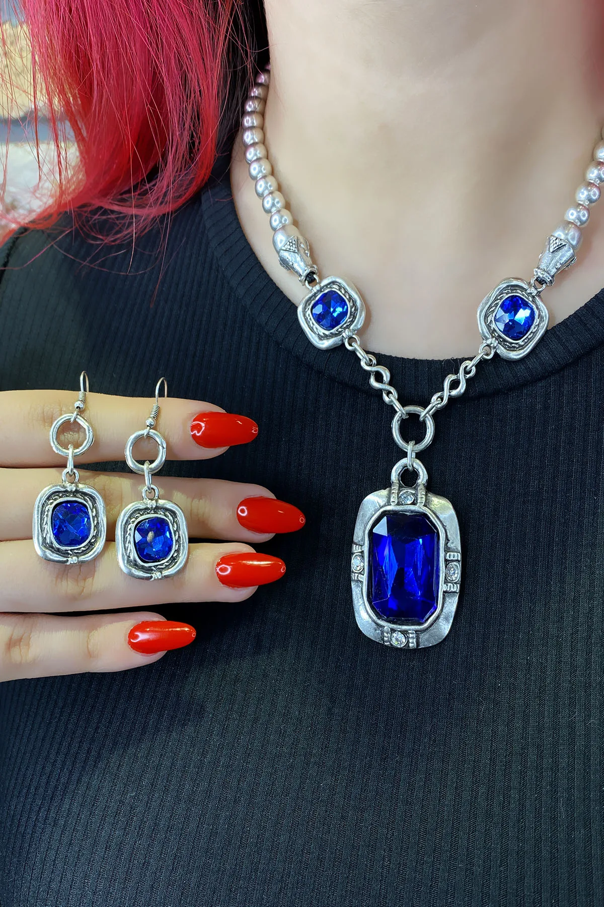 

Blue Zircon Stone Modern Design Matte Silver Plated Necklace, Bracelet, Ring, Earring Set