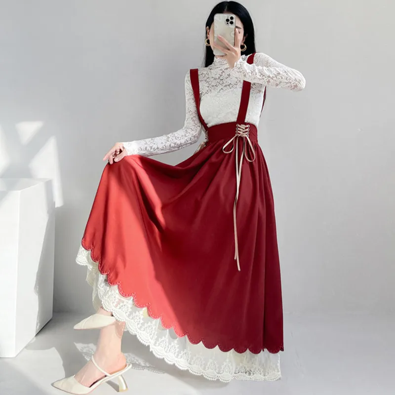 

2022 Spring Lace Splice Women Long Midi Suspender Skirt Teen Girls Jumpsuits Lolita Style Cute Lace-Up High Waist A-Line Skirts