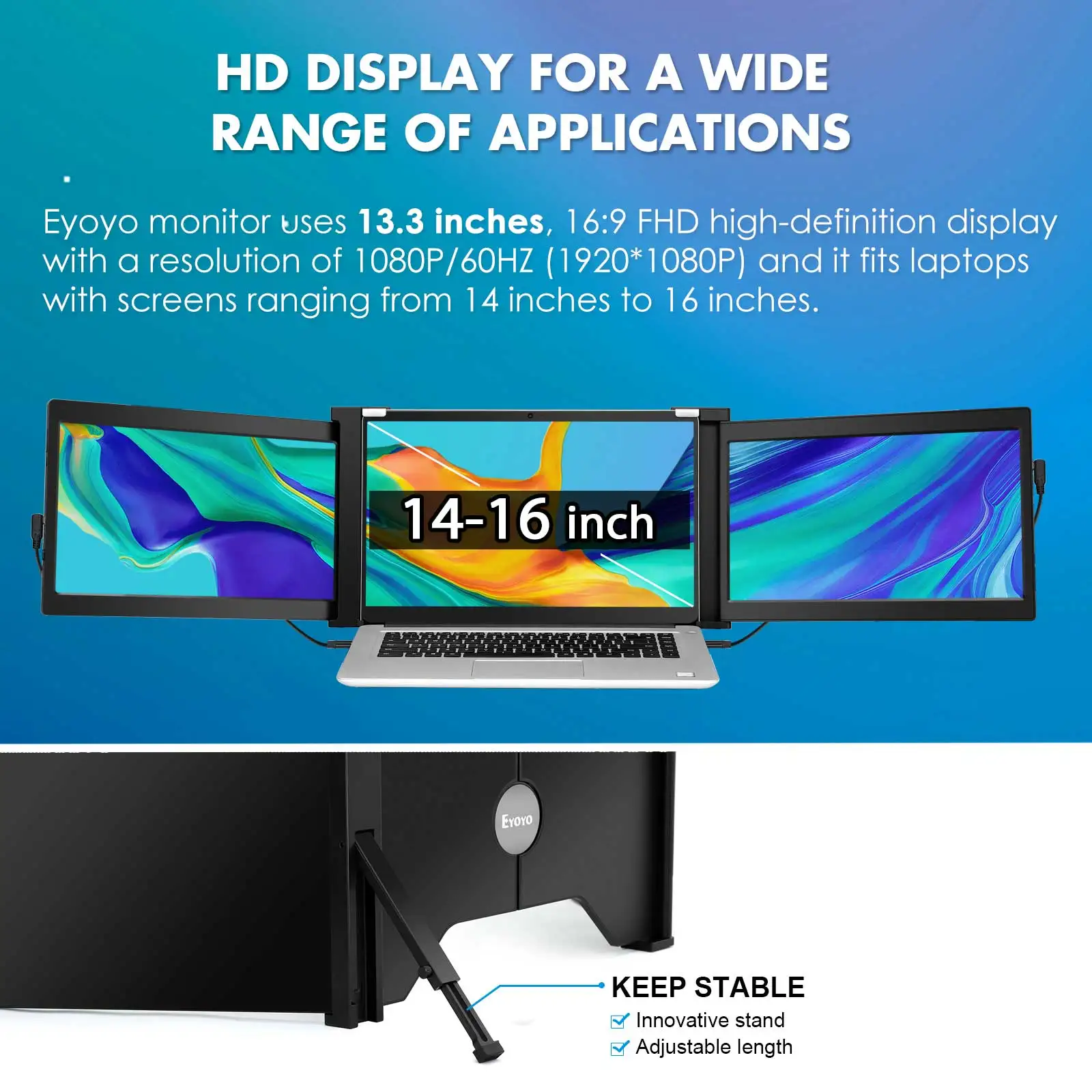 Eyoyo 13.3" 1920x1080 Dual Portable IPS Monitor USB-C HDMI Gaming Display FHD PS4 Screen for PC Triple Laptop Extender - купить по