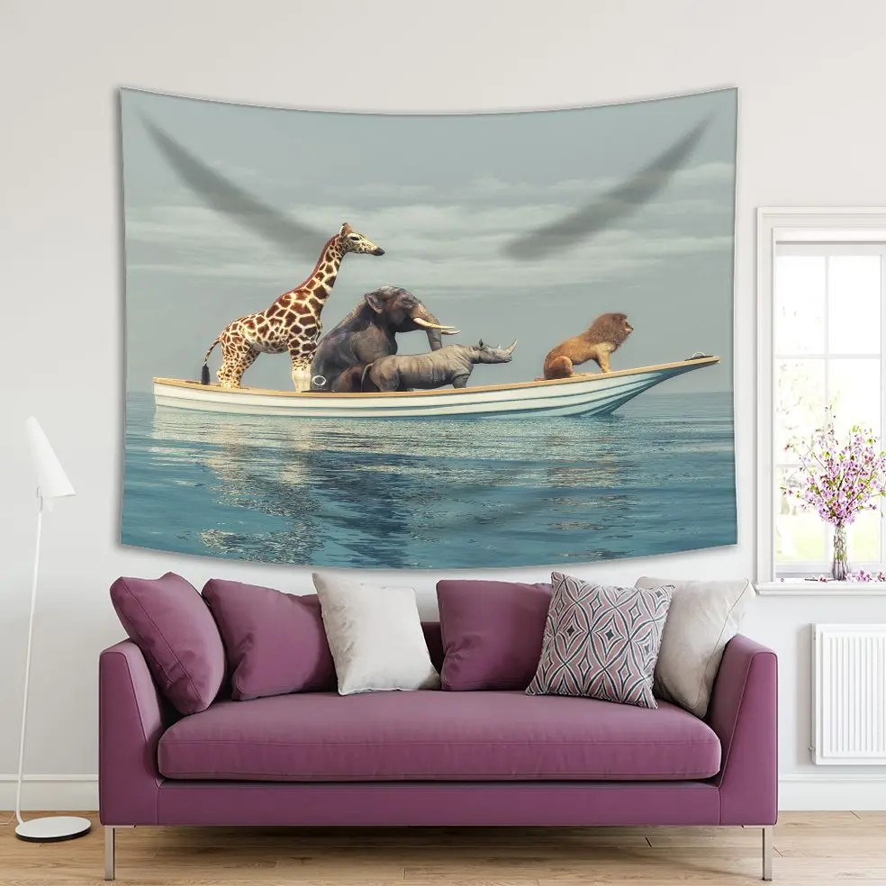 

Tapestry Wild Animals Lion Rhino Elephant Giraffe Sitting in A Boat Peaceful Ocean Seascape Blue Beige